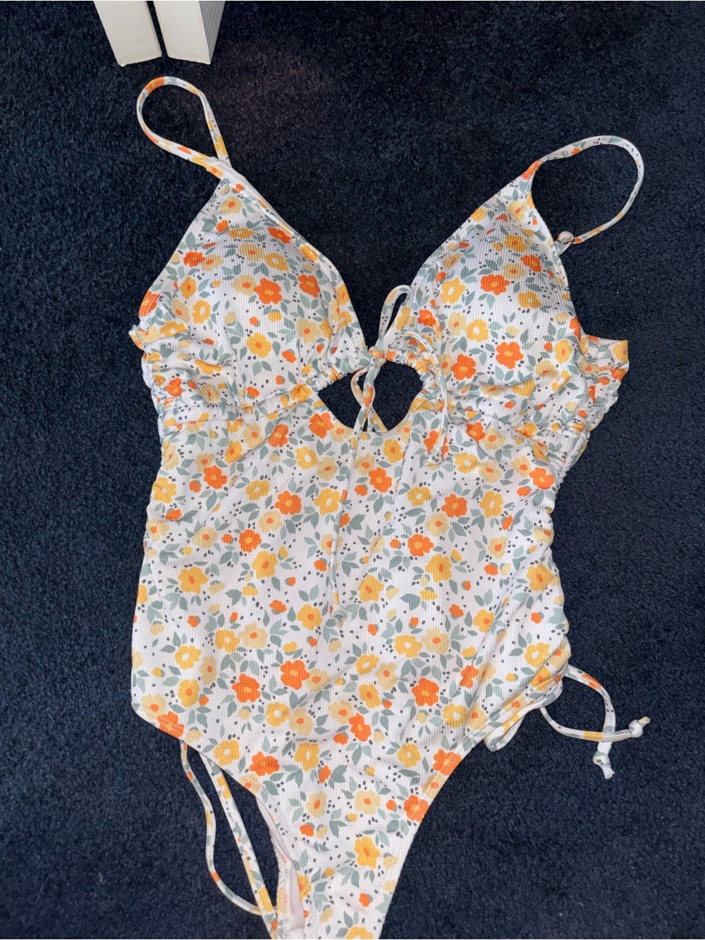Floral Tie-Front Girls One-Piece Swimsuit in White with Orange & Yellow Flowers